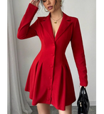 Women'S Button Red V-Neck Long Sleeved Dress