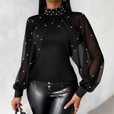 High Neck Chiffon Splicing Tight Black Top