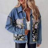 Embroidered Floral Lace Patchwork Blue Denim Jacket