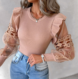Long Sleeved Fashion Women'S Lace Splicing Tops