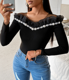 Long Sleeved Fashion Nail Bead Lace T-Shirt