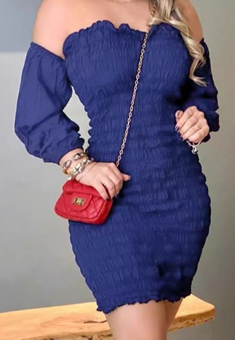 Women'S Temperament Blue Long Sleeved Tight Fitting Dress