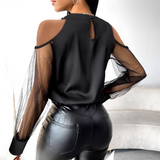 Temperament Nail Bead V-Neck Off Shoulder Long Sleeved Top