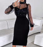 Women'S Fashion Mesh Nail Bead Long Sleeved Hip Hugging Dress
