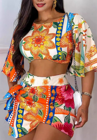 Irregular Floral Print Backless Casual Two Piece Set