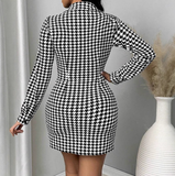 Fashion Thousand Bird Grid Tight Long Sleeve Dress