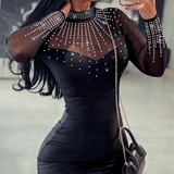 Mesh Rhinestone Splicing Long Sleeved Tight Fitting Dress