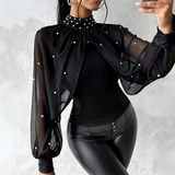 High Neck Chiffon Splicing Tight Black Top