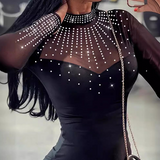 Mesh Rhinestone Splicing Long Sleeved Tight Fitting Dress