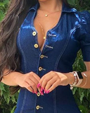 Casual Button Tight Short Sleeve Denim Dress