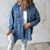 Women'S Retro Heart-Shaped Jacquard Casual Denim Jacket