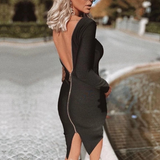 Black Zipper Design Long Sleeved Backless Tight Dress