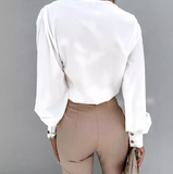 V-Neck Solid Color Long Sleeved White Top