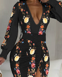 V-Neck Printed Long Sleeved Slit Dress