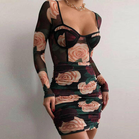 Sexy Rose Flower Long Sleeve Slim Wrap Hip Dress