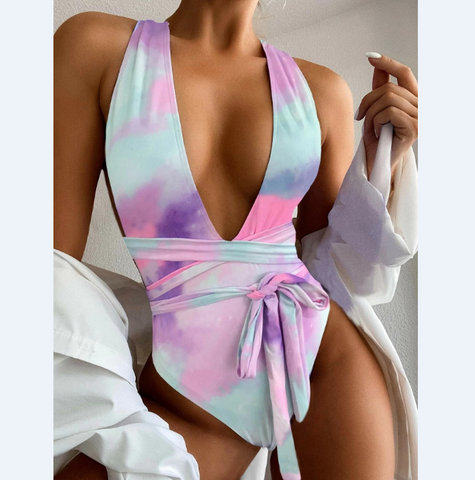 Backless Sexy Triangle Swimsuit With Printed One-Piece Bikini