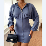 Zipper Design Plain Hooded Bodycon Dress