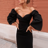 Long-Sleeved Word Shoulder Sexy Backless Slim Dress