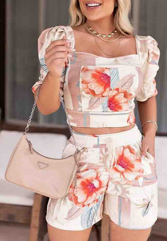 Casual Printed Puff Sleeve Two-piece Shorts