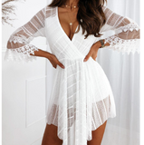 Elegant White V-Neck Long Sleeve Lace Dress