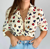 Women's Fashion Slim Beige Love Printed Shirt