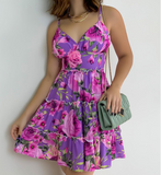 Purple Sling V-Neck Print Sleeveless Dress