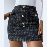 Plaid Button Design Tweed Skirt
