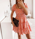 Short Sleeve Women's Floral Print High Waist Dress