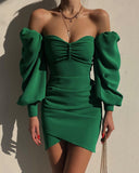 Green Puff Sleeve Skinny Long Sleeve Wrap Dress