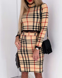 Tight-Fitting Plaid Printed Long-Sleeved Lace Two-Piece Dress