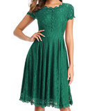 Solid Color Lace Short-Sleeved Zipper Dress