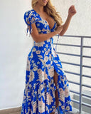V-Neck Blue Printed Short Sleeve Dress