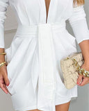 Sexy White Deep V-Neck Long Sleeve Wrap Dress