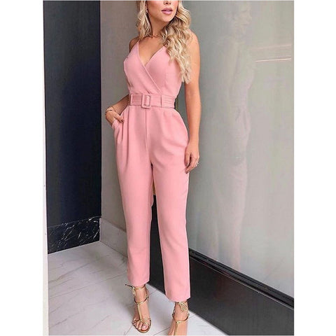 Women'S Solid Color V-Neck Casual Sexy Jumpsuit