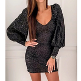 Sexy Puff Sleeve Deep V-neck Sequin Dress