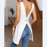 Irregular Sleeveless Backless Button Cross T-Shirt