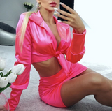 Solid Color Deep V Long Sleeve Two-Piece Set