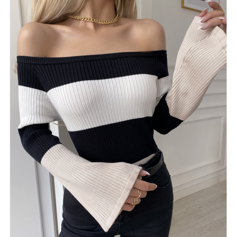 Women'S Striped Long-Sleeved One-Shoulder Top