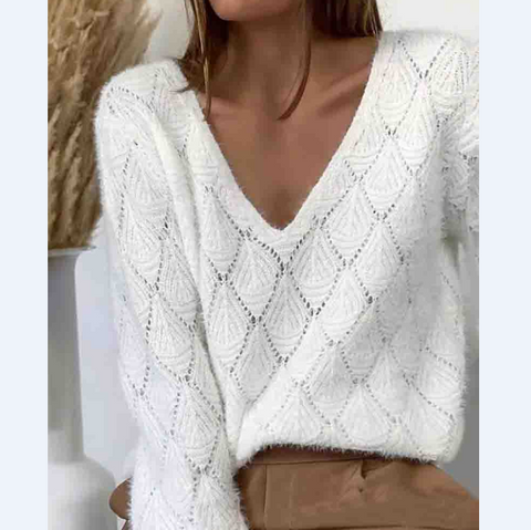 Solid Color V-Neck White Sweater