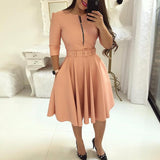 Casual Solid Zipper Up Belted Pleated Dress