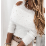 Solid Color Women'S Long Sleeve White Beaded Sweater