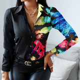 Temperament Long Sleeve Print Contrast Color Splicing Shirt