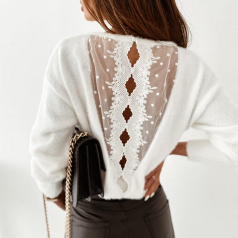 White Lace Spliting Open Back Long Sleeve Sweater