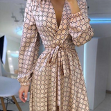 V-Neck Printed Long-Sleeved Dress