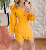 Casual Yellow Ruffled Long Sleeve Vest Jumpsuit