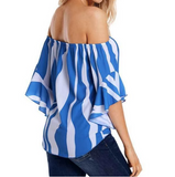 Chiffon Off the Shoulder Blue and White Striped Shirt