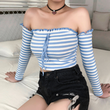 Women'S Fashion Blue And White Striped One-Shoulder T-Shirt