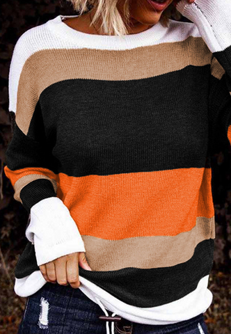 Round Neck Long-Sleeved Color-Block Knitted Sweater