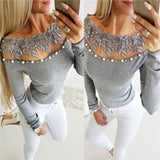 Sexy One-Shoulder Off-Shoulder Lace Pearl Top