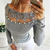 Sexy One-Shoulder Off-Shoulder Lace Pearl Top